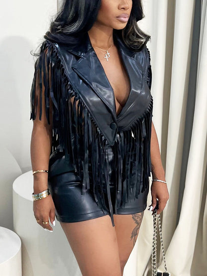 Leather Fringe Vest & Shorts Set