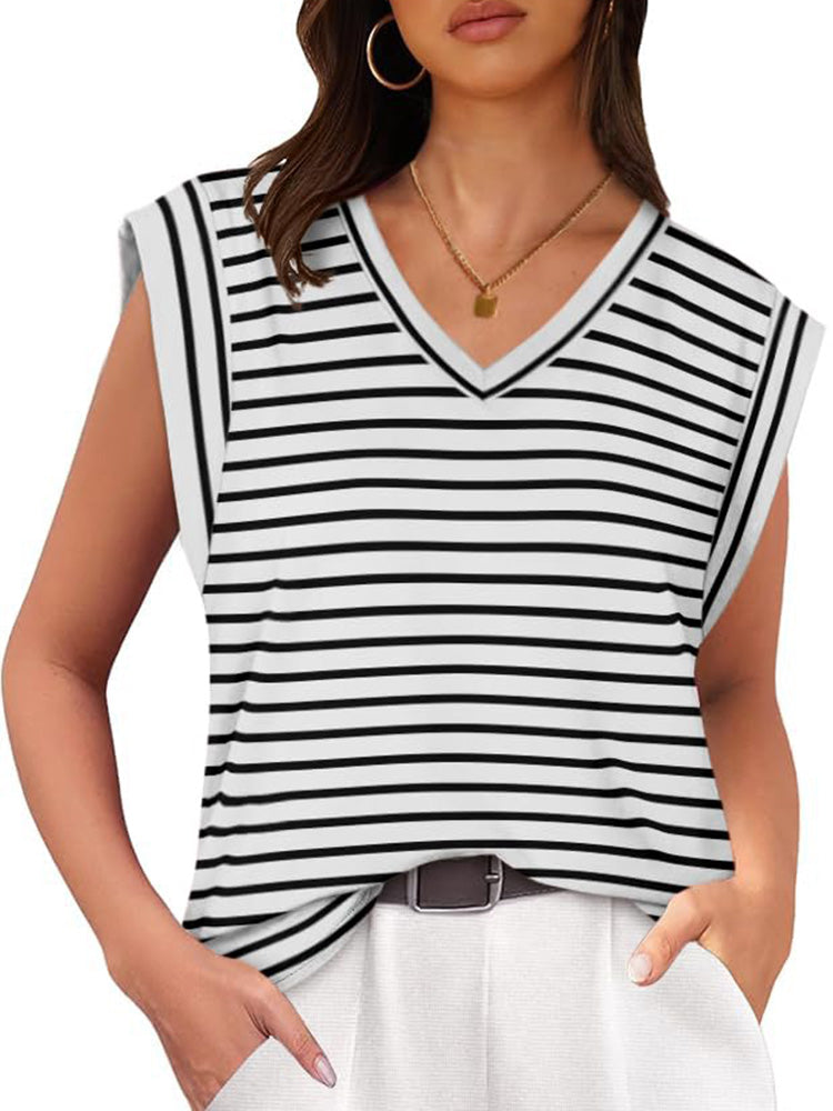 V Neck Cap Sleeve Striped Top