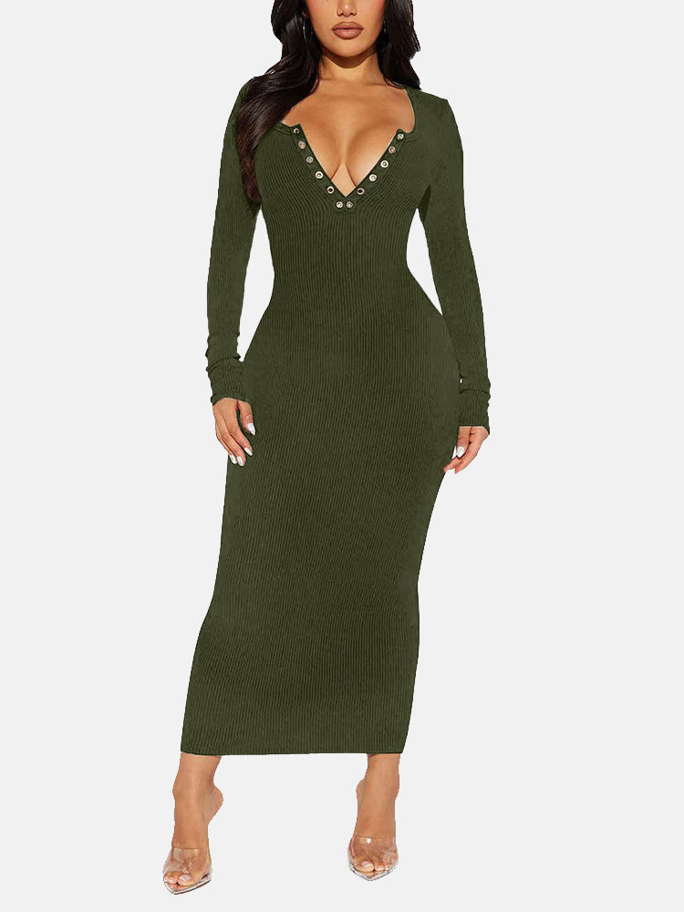 V Neck Ribbed Bodycon Dress