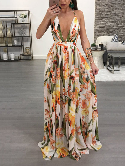 V-Neck Floral Backless Chiffon Dress