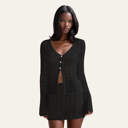 Crochet Knit Top Skirt Set