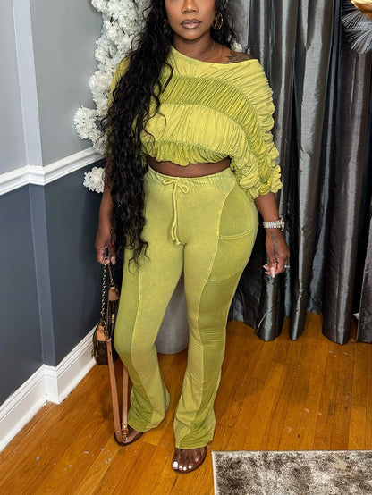 Washed Ruched Top & Flared Pants Set