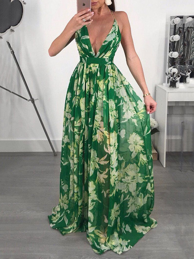 V-Neck Floral Backless Chiffon Dress