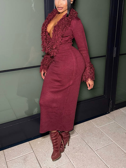 Knit Fringed Trim Maxi Dress