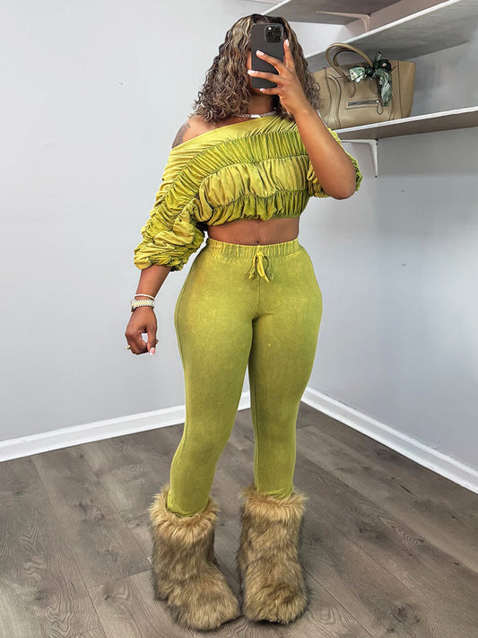 Washed Ruched Top & Flared Pants Set