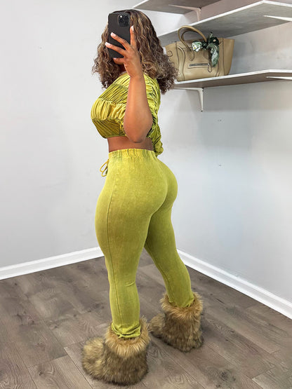 Washed Ruched Top & Flared Pants Set