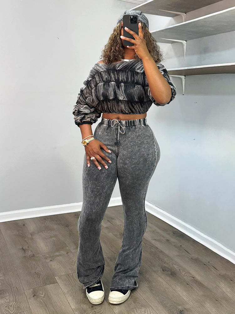 Washed Ruched Top & Flared Pants Set