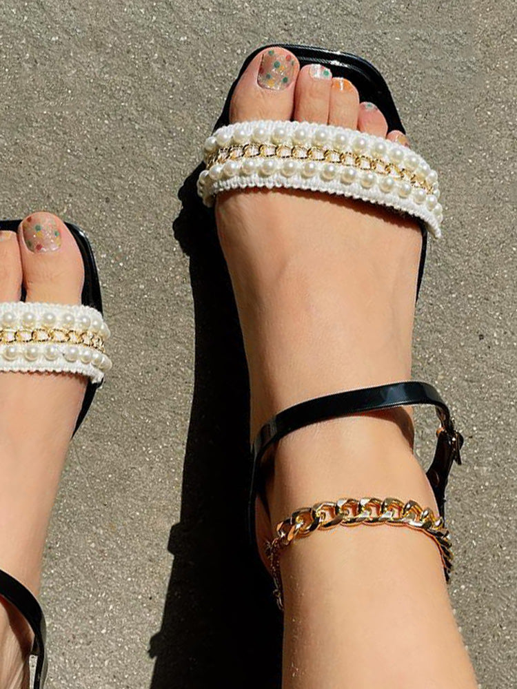 Pearls Chain Flat Sandals - ECHOINE