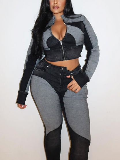 Contrast Denim Jacket & Skinny Jeans Set