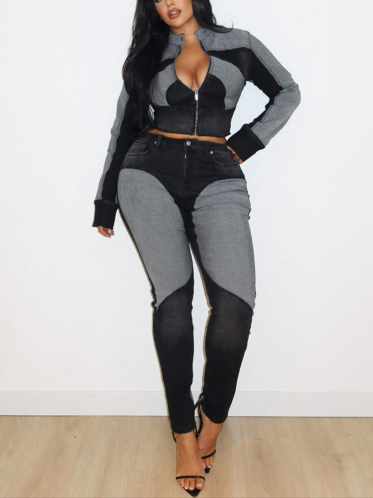 Contrast Denim Jacket & Skinny Jeans Set