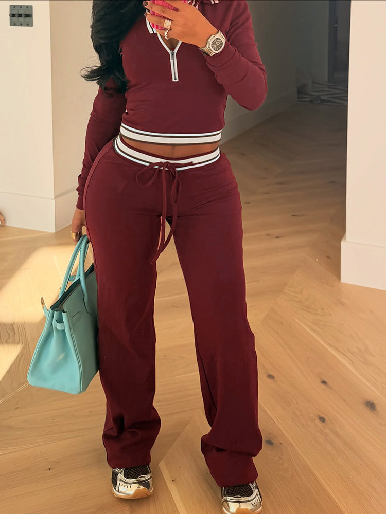 Contrast Polo Crop Top & Flared Pants Set