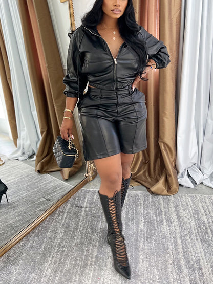 Leather Hooded Jacket & Shorts Set