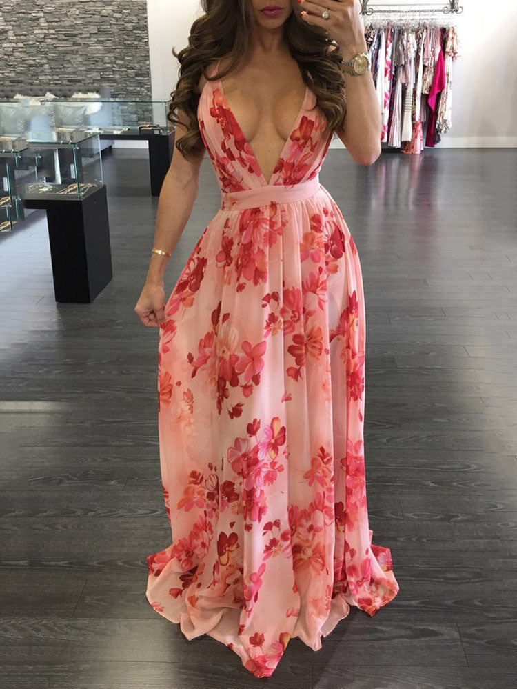 V-Neck Floral Backless Chiffon Dress