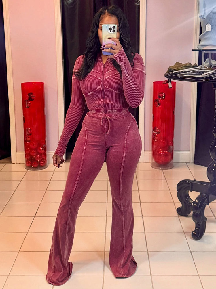Washed Jacket & Flare Pants Set