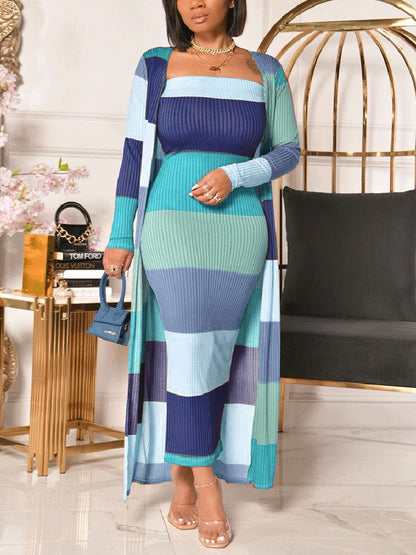 Ribbed Knitted Striped Dress & Coat Set - ECHOINE