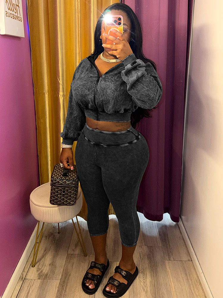 Acid Wash Cropped Jacket & Capri Leggings Set