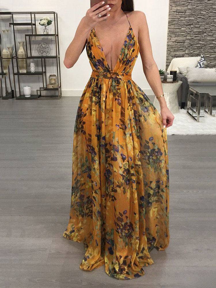 V-Neck Floral Backless Chiffon Dress