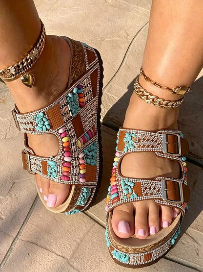 Boho Beaded Double Strap Platform Sandals