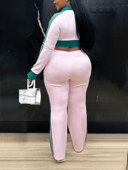 Striped Trim Zip Cropped Jacket & Pants Set