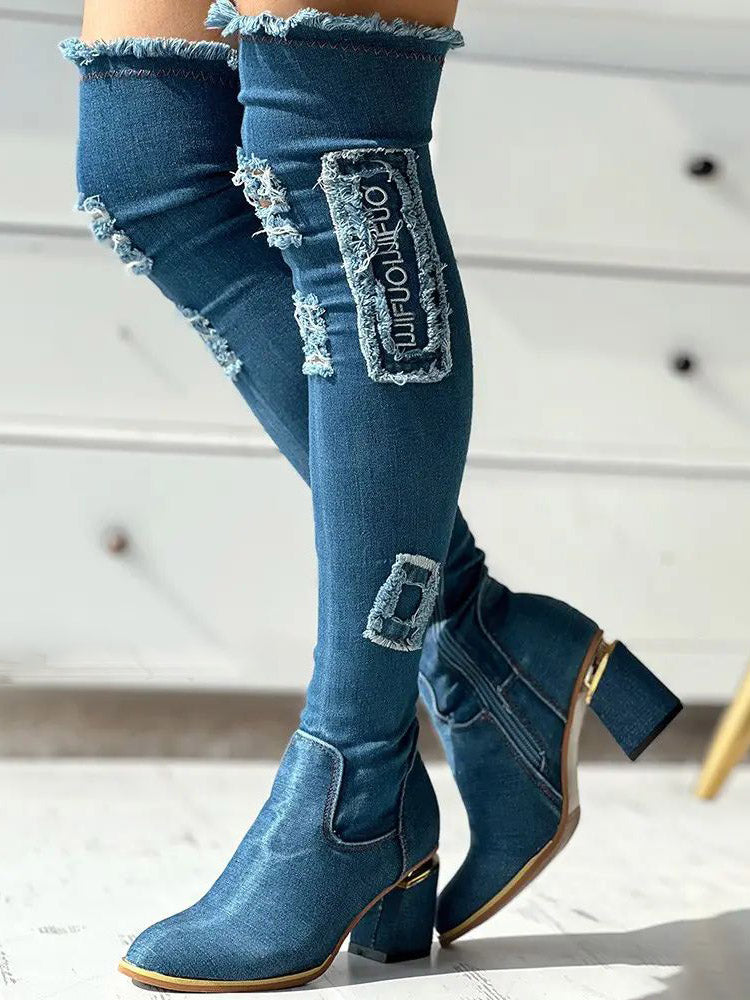 Ripped Over The Knee Denim Boots - ECHOINE