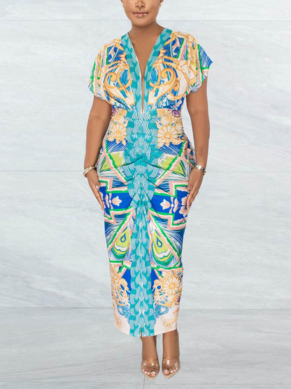 Print Ruched Slit Vacation Dress - ECHOINE