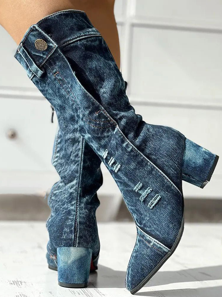 Chunky Heel Denim Boots - ECHOINE