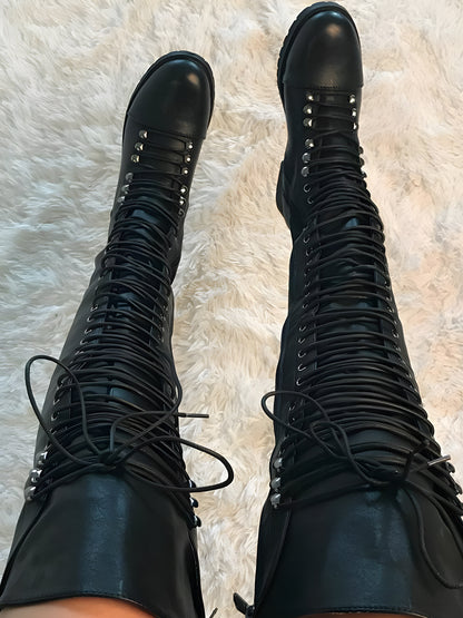 Lace Up Leather Over The Knee Boots - ECHOINE
