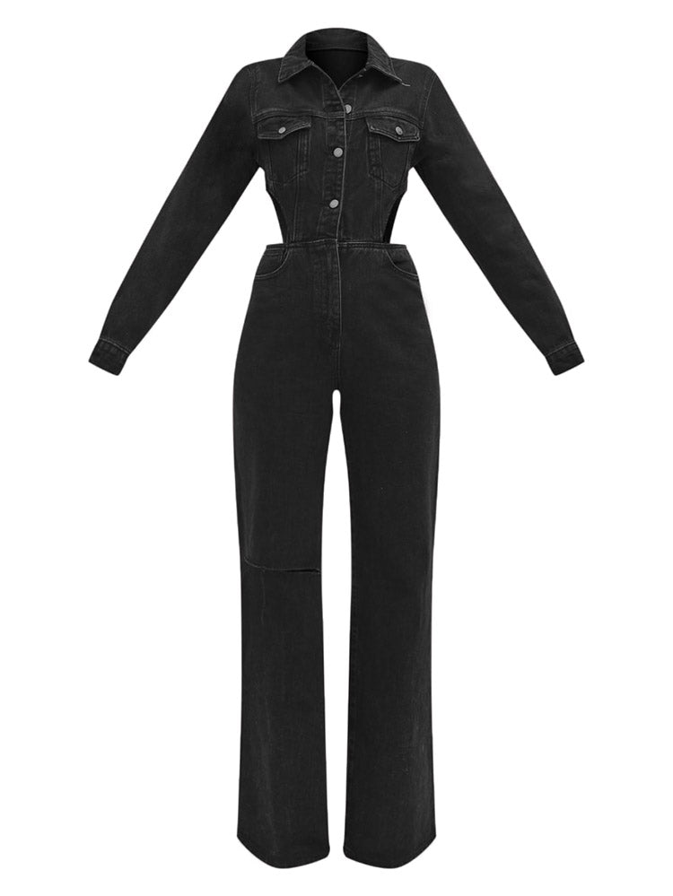 Cutout Waist Denim Jumpsuit - ECHOINE