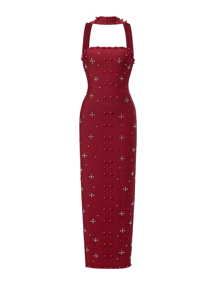 Pearl Embellished Halter Maxi Dress