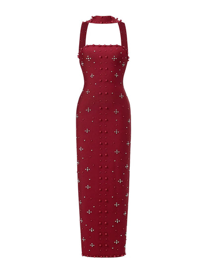Pearl Embellished Halter Maxi Dress