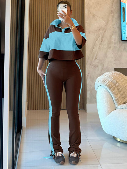 Colorblock Cropped Polo Top & Flare Leggings Set