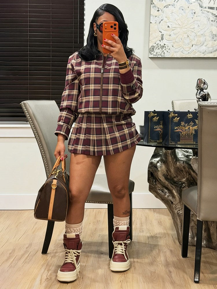 Leather-Trim Jacket & Pleated Skort Set