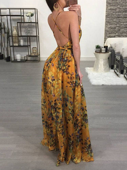 V-Neck Floral Backless Chiffon Dress