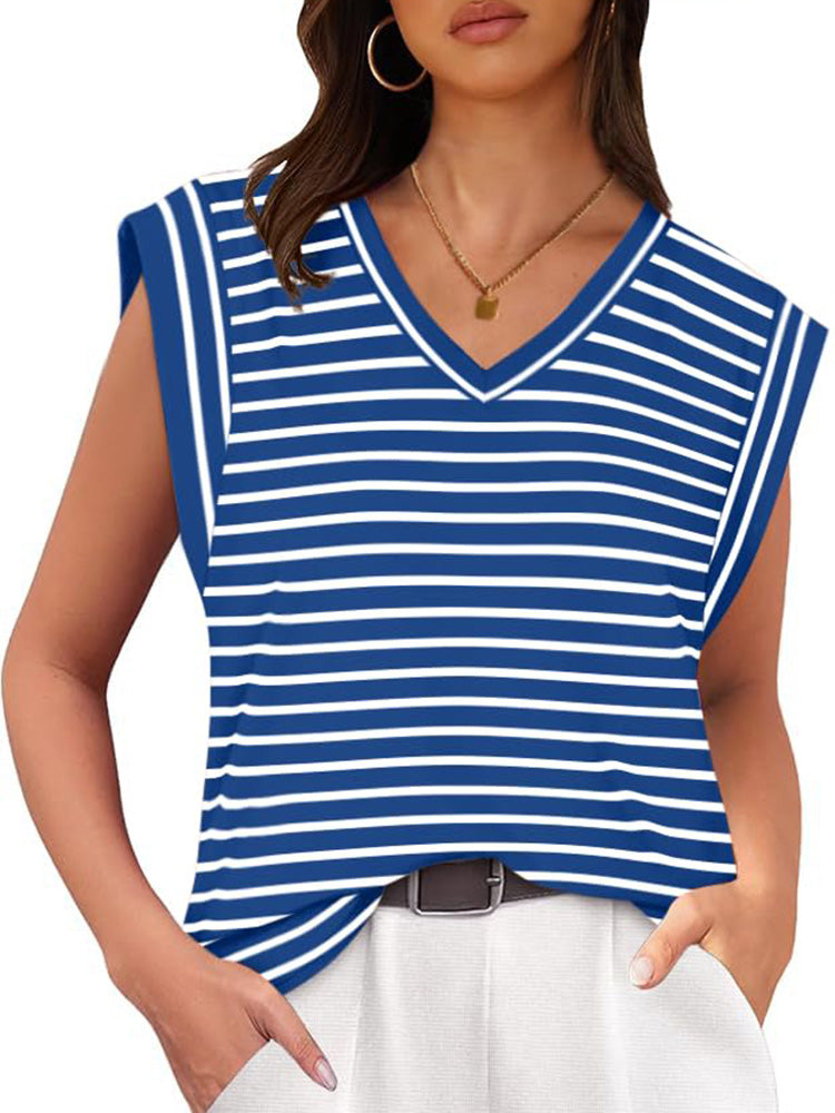 V Neck Cap Sleeve Striped Top