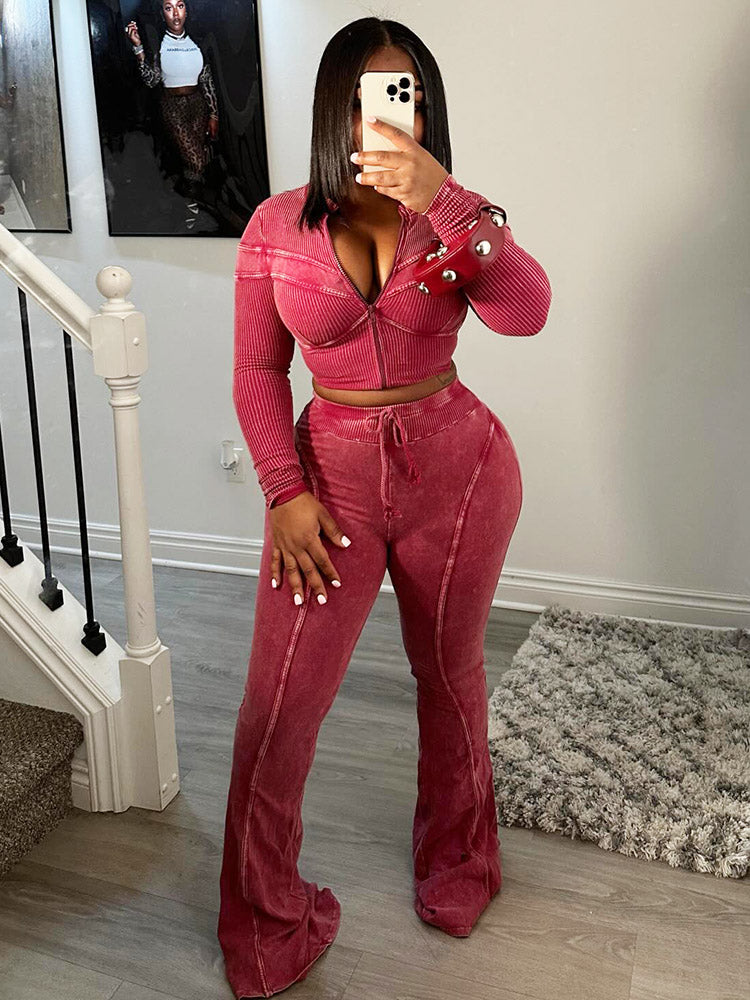Washed Jacket & Flare Pants Set