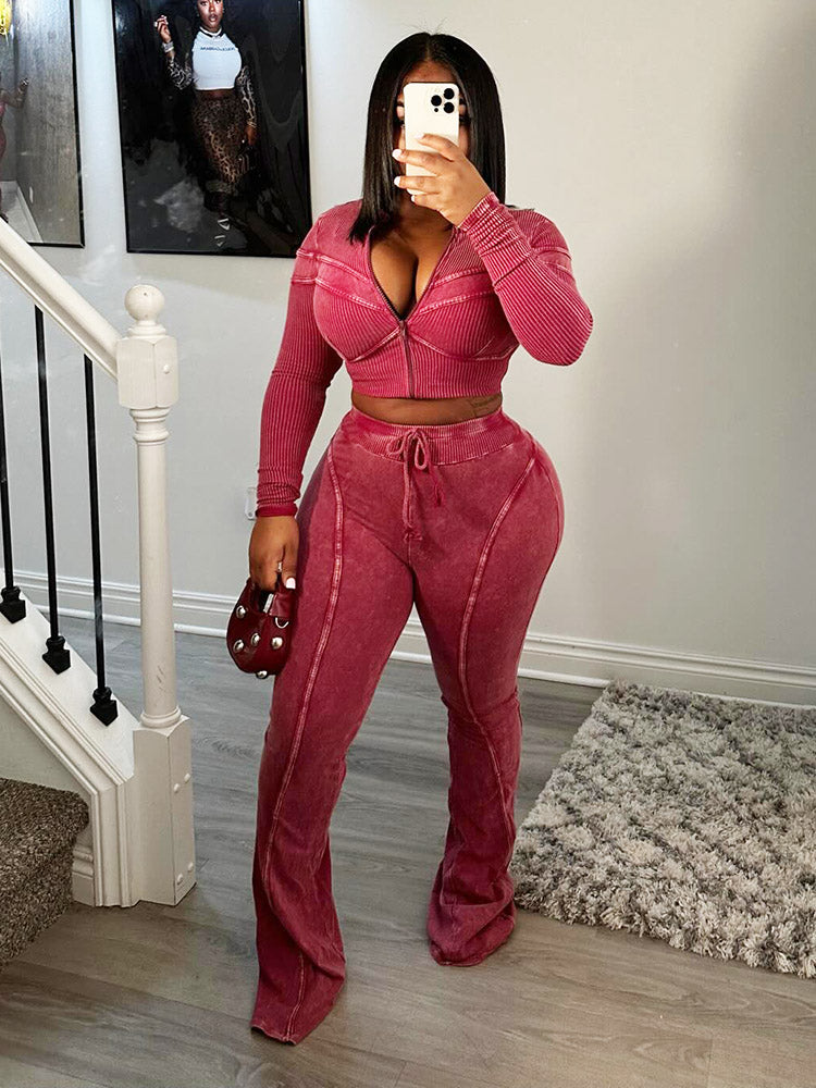Washed Jacket & Flare Pants Set