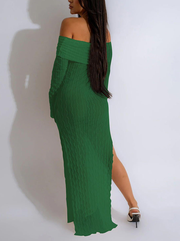 Off Shoulder Split Mesh Dress