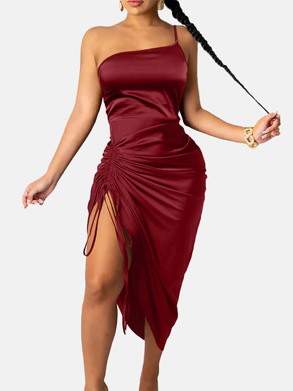 One Strap Drawstring Satin Dress