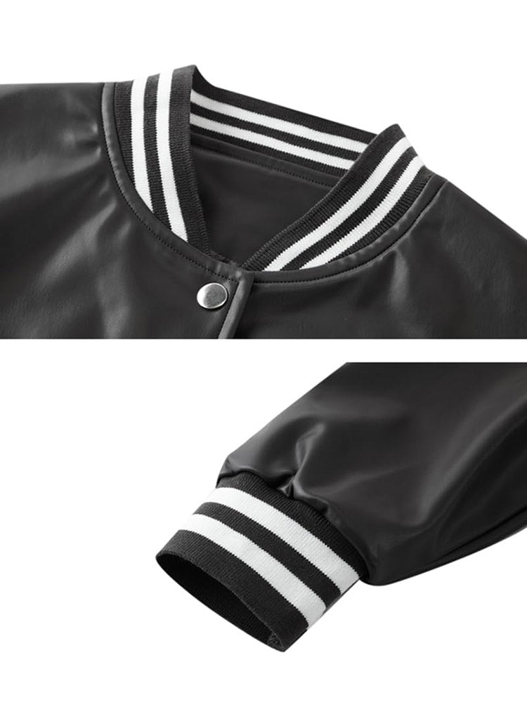 Faux Leather Crop Varsity Jacket - ECHOINE