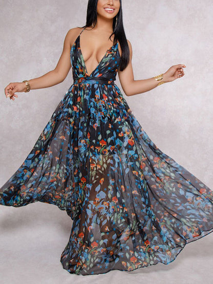 V-Neck Floral Backless Chiffon Dress