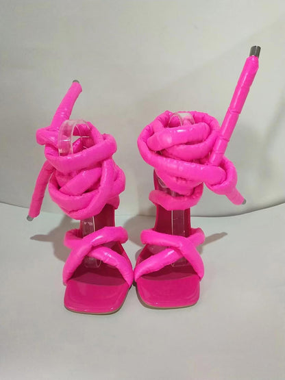 Cross Puffy Strap Heeled Sandals