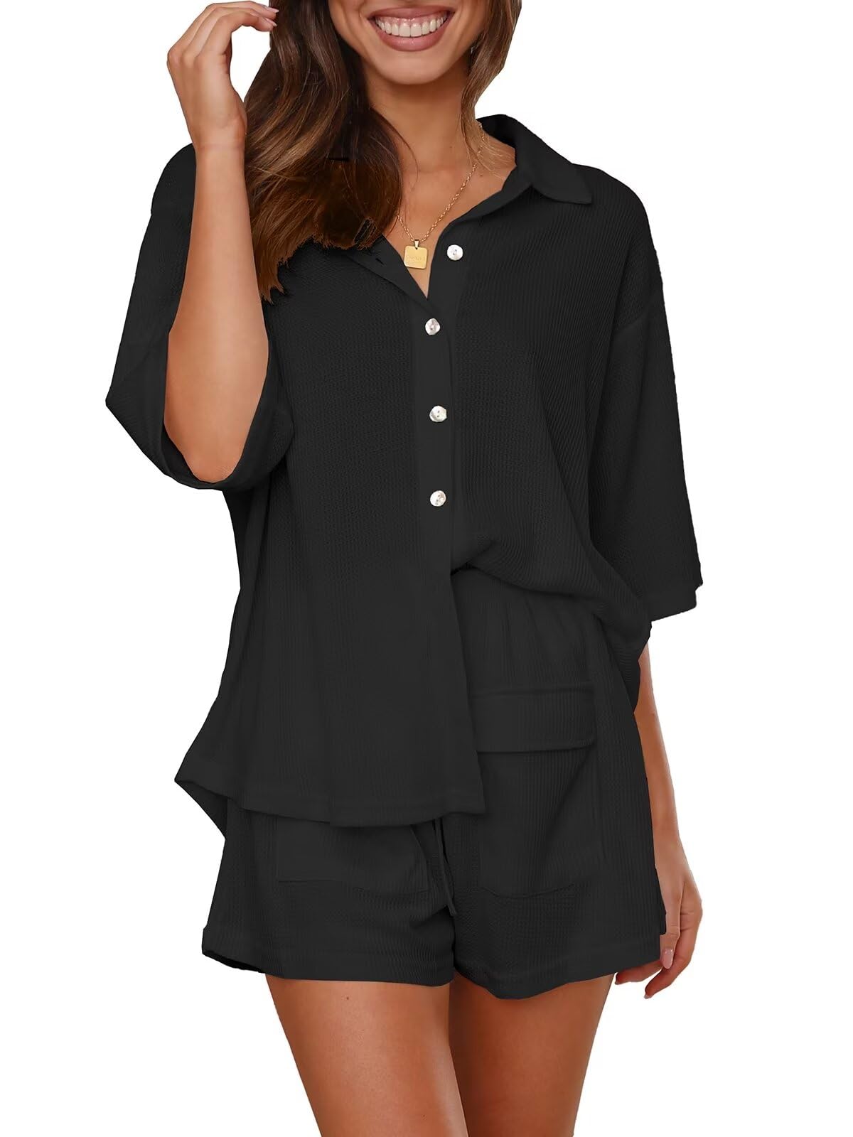 Button Down Shirt Shorts Set