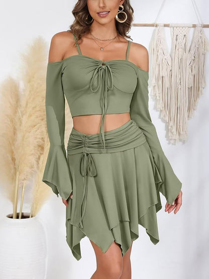 Bell Sleeve Top Ruffled Skirt Set