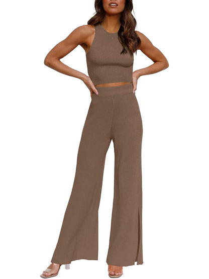 Ribbed Crop Top Split Pants