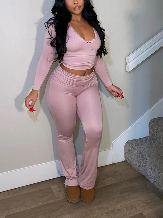 Contrast Lace Crop Top & Flare Pants Lounge Set