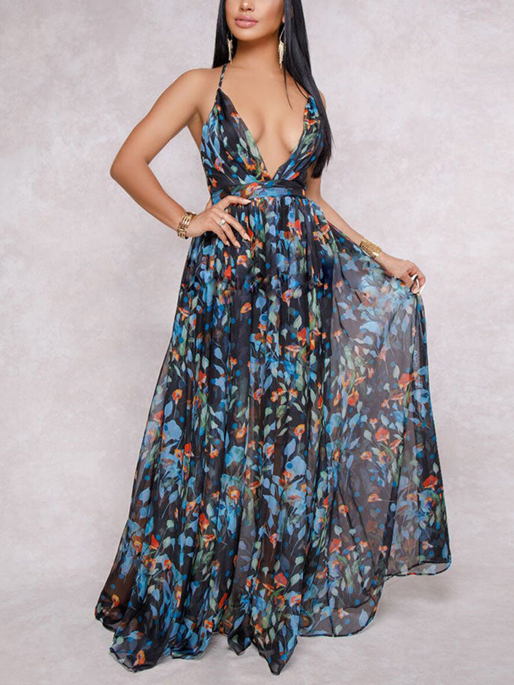 V-Neck Floral Backless Chiffon Dress