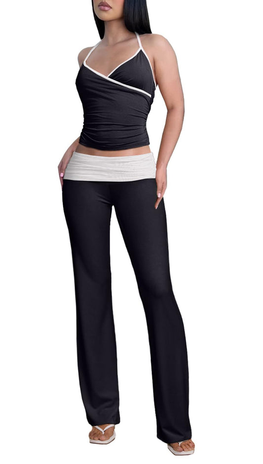 Halter Top Contrast Pants Set