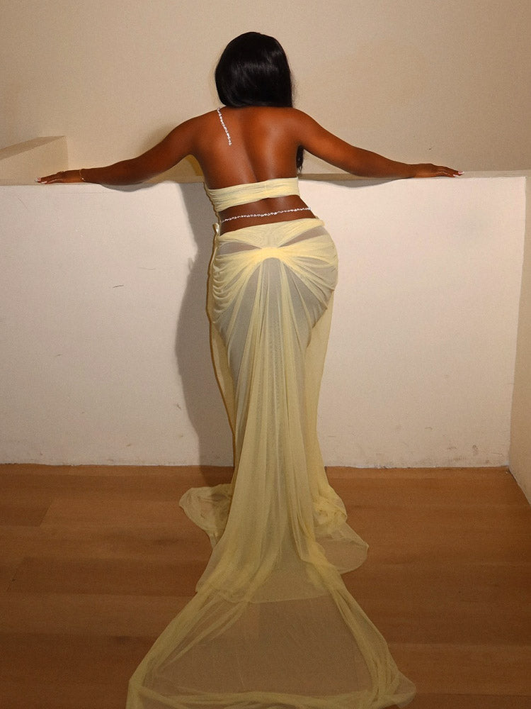 Ethereal Draped Mesh Maxi Dress