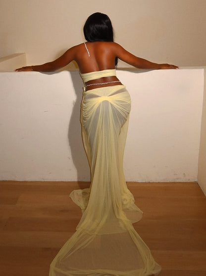 Ethereal Draped Mesh Maxi Dress