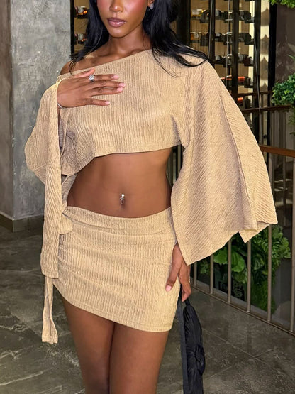 Plissé Asymmetric Top & Mini Skirt Set